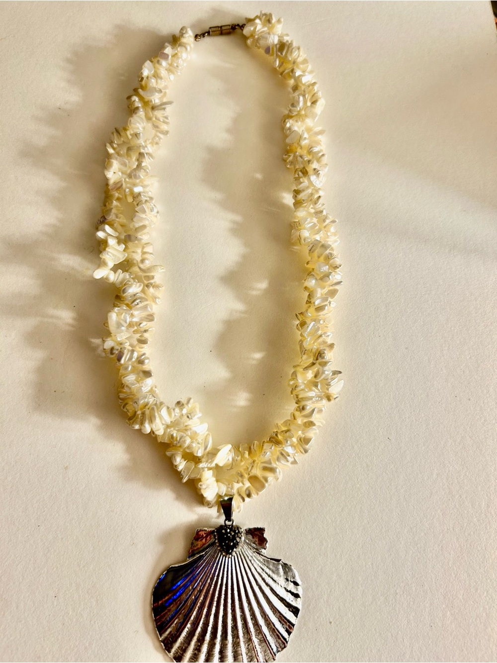 Vintage White Mother-of-Pearl Necklace, Multi-strand, Silver Clam Shell crystals